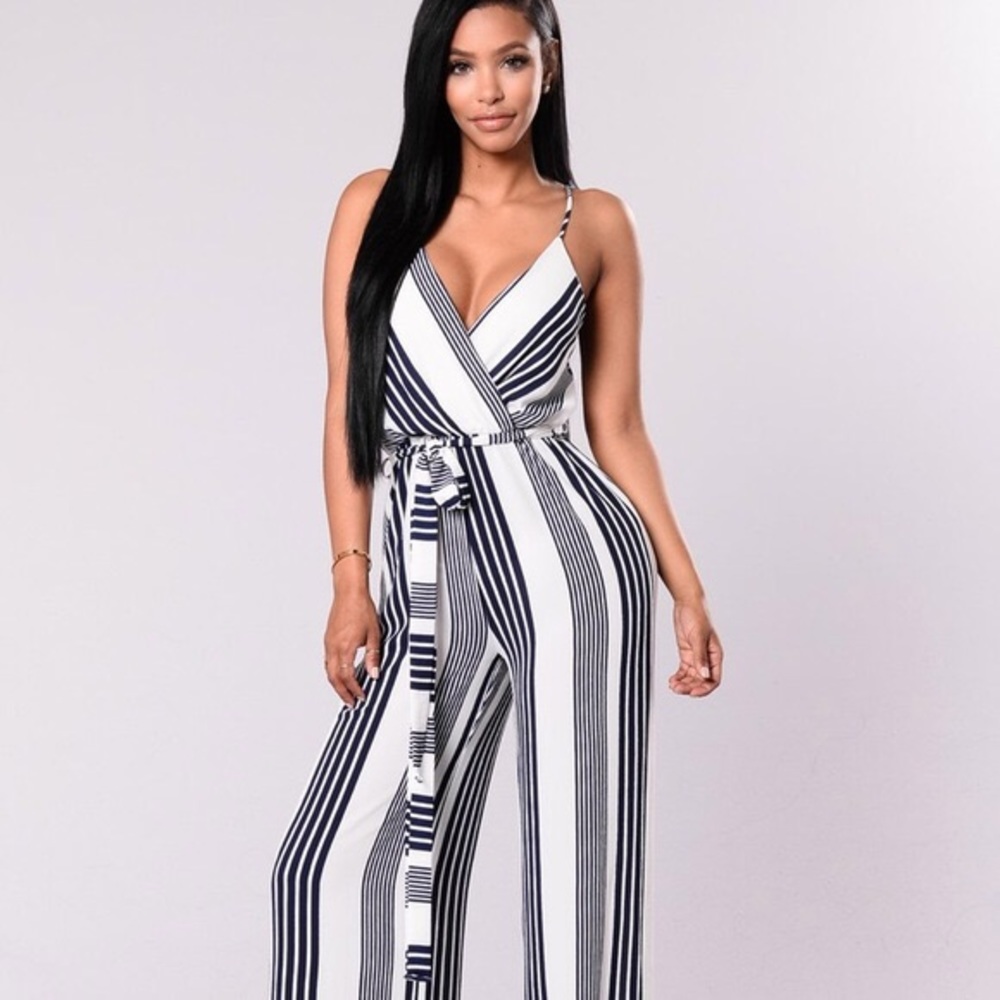 Fashion Nova Navy Blue and White Striped Jumpsuit